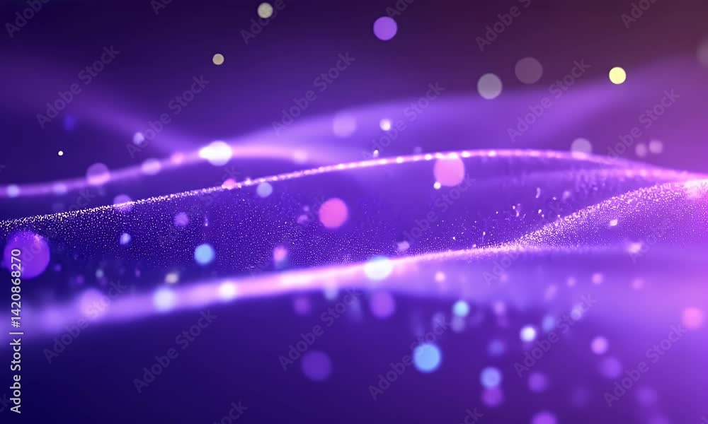 Poster a purple background with glowing dots and wavy lines, creating an abstract design that evokes the fe