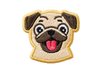 Embroidered patch of a cartoon pug dog with a happy expression on a transparent background.