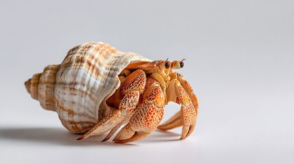 Detailed Close-Up of a Hermit Crab in a Shell Against a Light Background