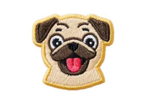 Embroidered patch of a cartoon pug dog with a happy expression on a transparent background.