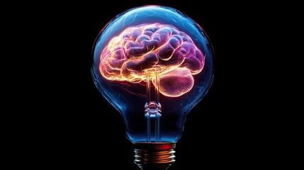 Illuminated brain concept inside a light bulb design, representing the fusion of creativity, intelligence, and innovative thinking to solve complex problems in the digital era. 