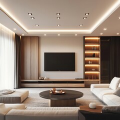 Modern Living Room with Recessed Lighting and Wall-Mounted TV