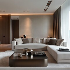Modern Living Room with Neutral Tones and Recessed Lighting