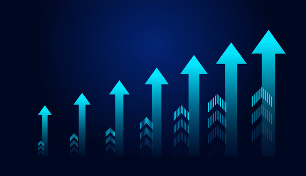 Rising arrows convey themes of improvement, innovation, and strategic success. The glowing center arrow indicates a breakthrough or peak performance