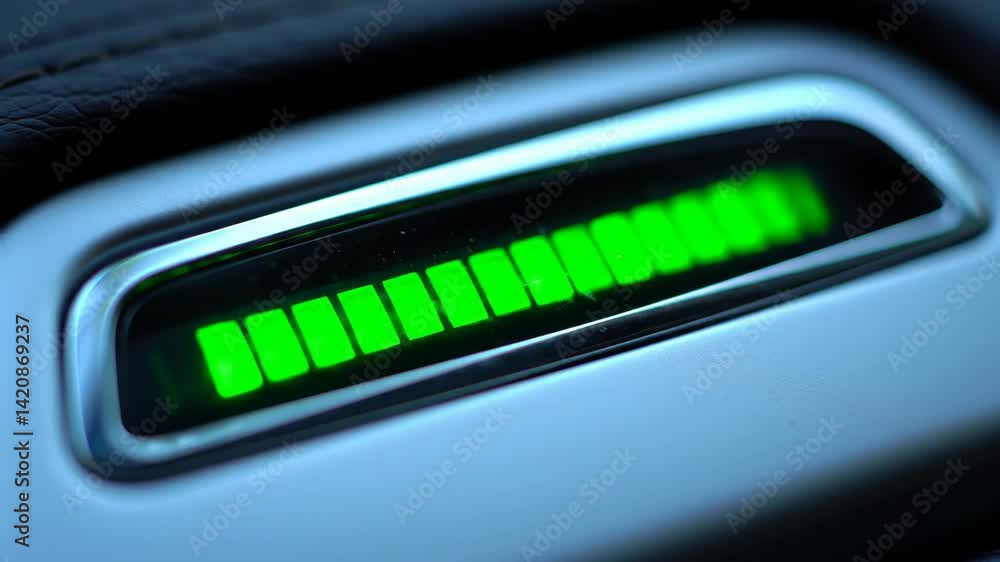 Aufkleber close-up of a futuristic green led indicator panel displaying battery status in a modern vehicle int
