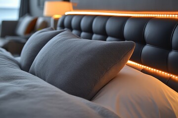 Obraz premium Modern black leather bed with gray fabric headboard, white LED strip lights, and soft gray pillows, featuring a sleek design and elegant curved edges.