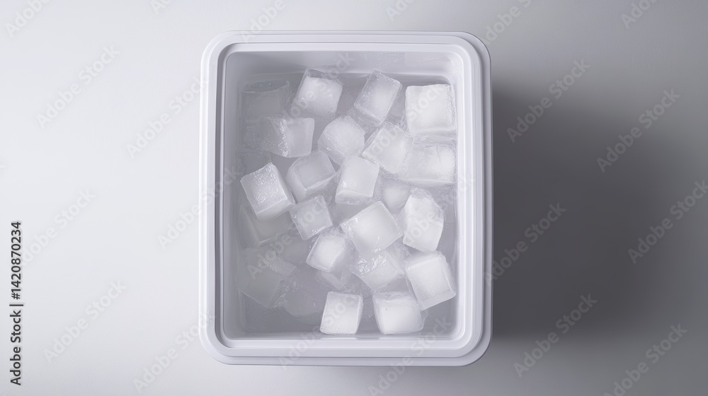Poster top view of a white plastic container filled with ice cubes.