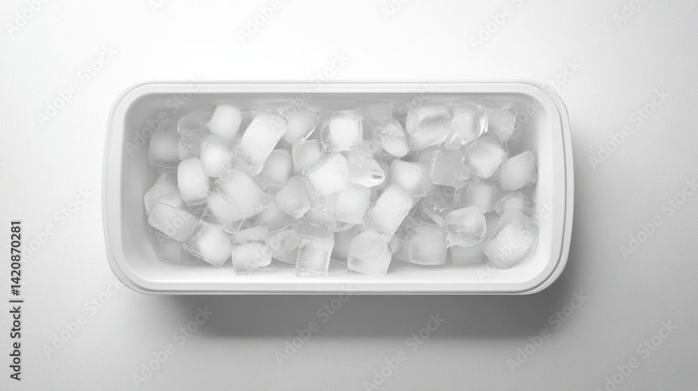 Poster top view of ice cubes in a white rectangular container on a white background.