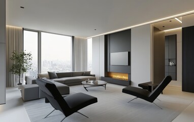 Fototapeta premium Modern Living Room with City View