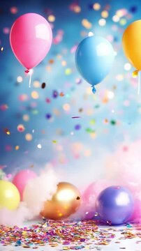 Globos de colores de celebraci&oacute;n de cumplea&ntilde;os con confeti volando alegremente. 