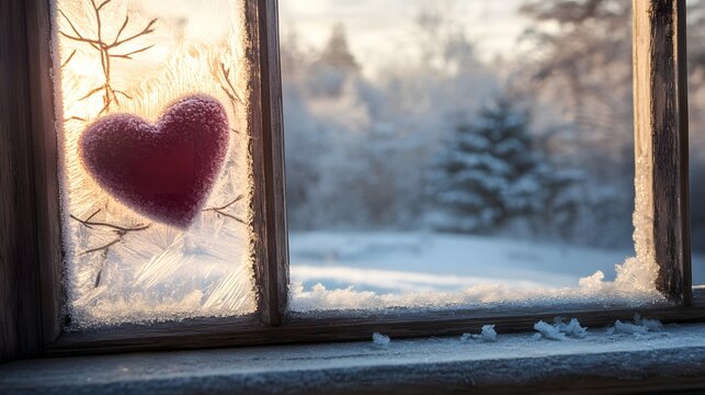 Heart symbol painted on a frosty windowpane with a winter backdrop