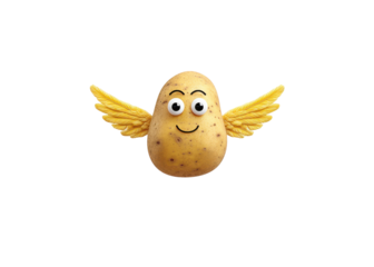Funny potato character with wings and googly eyes on a transparent background. Concept for food, humor, and creativity.