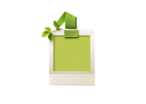 Blank photo frame with green ribbon and leaf on transparent background. Perfect for adding your own picture or text.