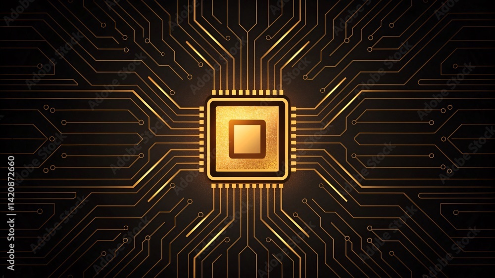 Poster golden microchip circuit board technology abstract background