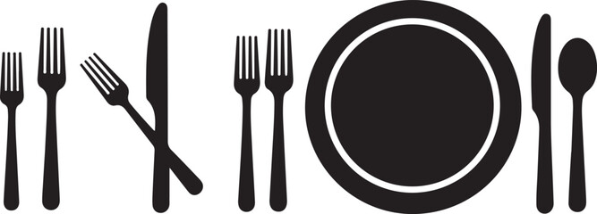 Fork, knife, spoon and plate set icons. Tableware set flat style. Dinnerservice collection. Plate, fork and knife for apps and websites