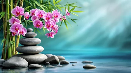 Printed roller blinds Tranquil Zen Scene with Orchids, Bamboo, and Stacked Stones Over Water