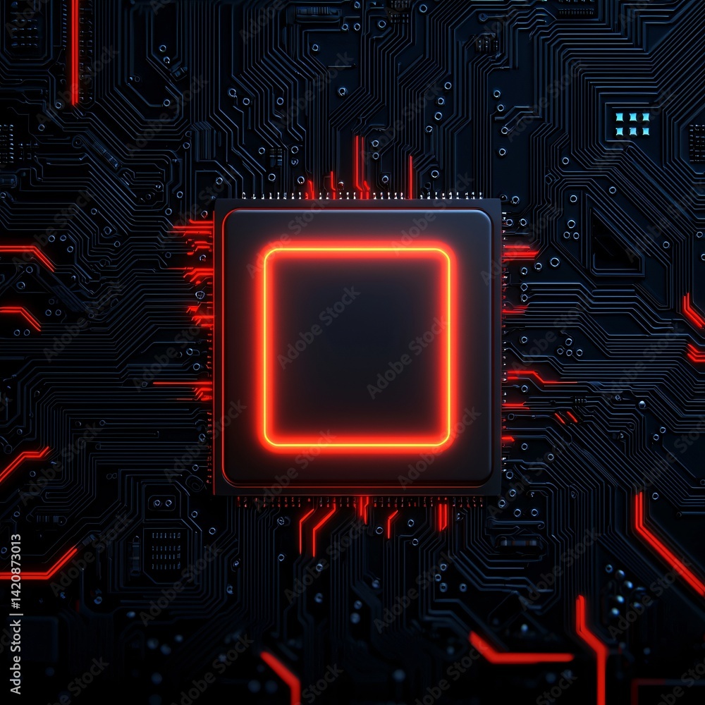 Poster futuristic red neon glowing cpu processor on dark circuit board