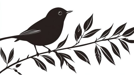 Black Silhouette Bird Perched on Branch with Leaves Graphic Design