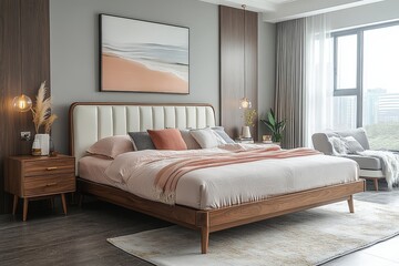 Modern solid wood bed with storage, light gray leather headboard and footboard, soft pink bedding, and neutral-toned interior design with natural window lighting and spacious room.