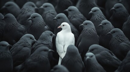 Obraz premium A single white dove stands out amongst a flock of dark grey pigeons.