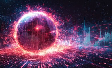 Obraz premium Glowing orb representing global data flows, surrounded by dynamic financial charts
