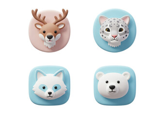 Collection of Cute Animal Head Illustrations Featuring Deer Snow Leopard Fox and Polar Bear on Blue Background