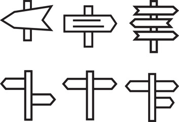 Collection of Black Line Drawings of Signposts with Single and Multi-Directional Arrows for Navigation Themes