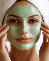 Close-up of rejuvenating face mask on woman's skin, natural skincare treatment with soft and radiant complexion on neutral background