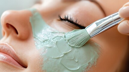 Close-up of young woman's face with specialist applying nourishing mask with brush