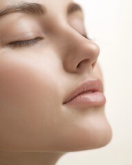 Close-up of fresh radiant face after skincare cleansing with clear complexion and healthy appearance on neutral background