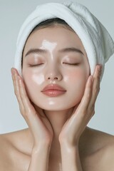 Young fair-skinned woman with white towel wrapped around head after cleansing, glowing face covered in moisturizing cream against minimal background