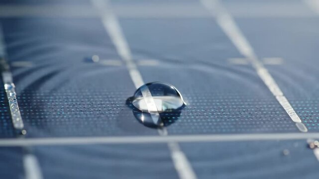 Close-Up of a Water Droplet on a Solar Panel: Exploring the Interaction Between Nature and Renewable Energy Technology