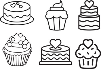 Collection of Black Line Drawings of Cakes and Cupcakes with Heart Decorations for Celebration Themes