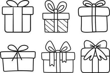 Set of Black Line Drawings of Gift Boxes with Bows and Striped Patterns for Celebration and Gifting Themes