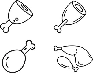 Set of Black Line Drawings of Ham and Drumstick Illustrations with Visible Bones for Culinary Themes