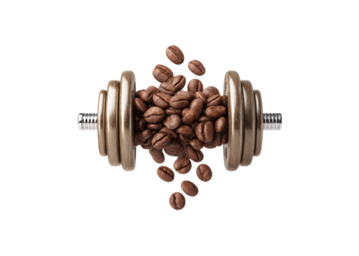Dumbbell filled with coffee beans on a transparent background. Concept of energy, fitness, and healthy lifestyle.