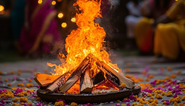 Sacred bonfire ceremony with colorful petals.  A vibrant fire burns brightly amidst offerings of flowers and woods, creating a spiritual atmosphere