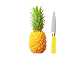 Pineapple and knife on transparent background. Concept of preparing tropical fruit.