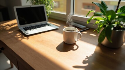 Coffee desk workspace with laptop and green plant in sunlight

