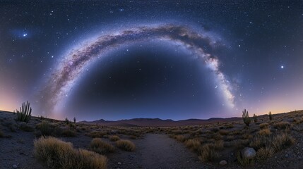 Desert Nightscape: Milky Way Arch Over Serene Landscape