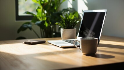 Laptop coffee and plant on wooden desk in natural light