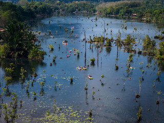 Aerial view of colorful kayaks and swimmers in a clear river at Kayak Klong Root Viewpoint, Krabi, Thailand. Active recreation in a lush, natural setting.