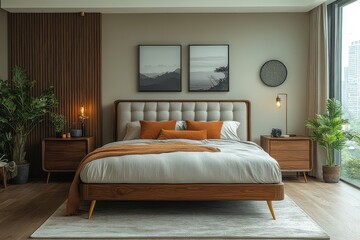 Fashionable photography of a light gray fabric bed with a wooden headboard, high backrest, and golden legs, featuring warm tones and traditional American style elements.