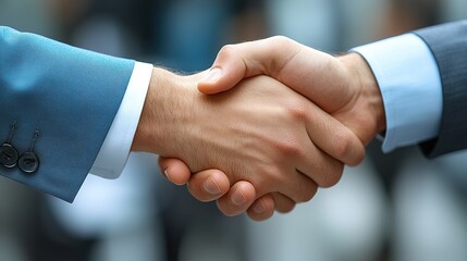 Close-up of a handshake between two people wearing suits.