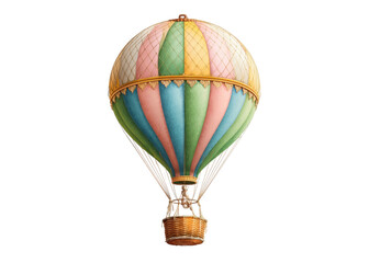 Obraz premium Vintage hot air balloon with colorful stripes on a transparent background. Concept of travel, adventure, and vintage style.