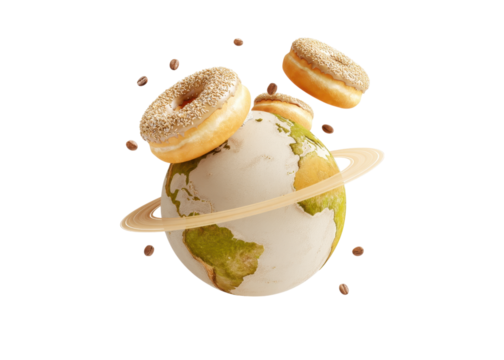 Conceptual image of donuts orbiting a planet Earth with coffee beans on a transparent background. Food concept.