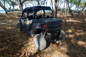 All-terrain vehicle UTV stands parked on a sandy beach surrounded by lush greenery and trees next to ocean.