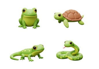 Obraz premium Cute Cartoon Animals Collection Featuring Frog Turtle Lizard and Snake on a Transparent Background