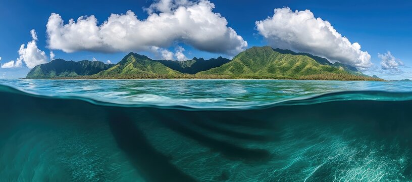 Panoramic split view of a tropical island with lush green mountains under a bright blue sky and puffy white clouds, the lower half shows the clear turquoise water