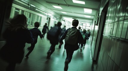 Rear view of pupils rushing down a school corridor during a break